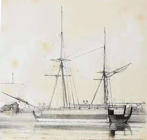 Sebuah perahu berlambung padewakang dengan layar jenis Eropa, 1830-an; Paris, Francois Edmond 1843. Essai sur la construction navale des peuples extra-europeens, Paris: Arthus Bertrand, gmbr. 99.