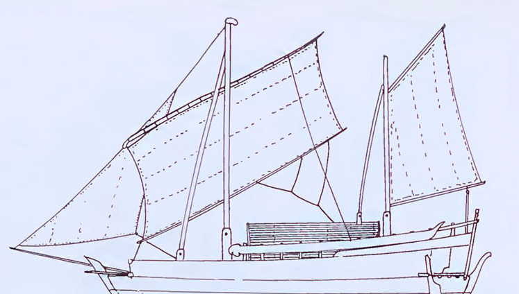 Rekonstruksi perahu padewakang dengan layar kombinasi; Burningham, Nick 1987: 'Reconstruction of a Nineteenth Century Makassan Perahu'. The Beagle: Records of the Museums and Art Galleries of the Northern Territory, 4 (1): 120.