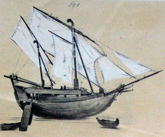 Perahu dagang Bugis; Matthes, Benjamin F. dan Schröder, C.A. 1859: Ethnographische Atlas ..., Amsterdam:  Frederik Muller, Gmbr. 16-1.