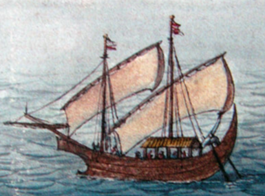 Perahu dengan layar tanja; detil dari selembar peta pandangan Somba Opu, Vingbooms, ca. 1660.
